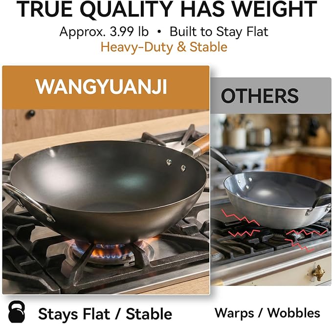 WANGYUANJI Carbon Steel Wok 14.2", Large Nitriding Flat Bottom Stir Fry Pan with Lid, No Chemical Coating Rust Resistant Iron Skillet for Induction Electric Gas Stoves, Big Capacity Serves 6+