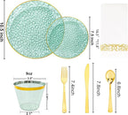 DaYammi 175 Pcs Green Plastic Plates Dinnerware Set (25 Guests), Hammered Plates Sets, Green Party Platos Set include 50 Disposable Platos, 75 Gold Plastic Silverware, 25 Cups 25 Napkins