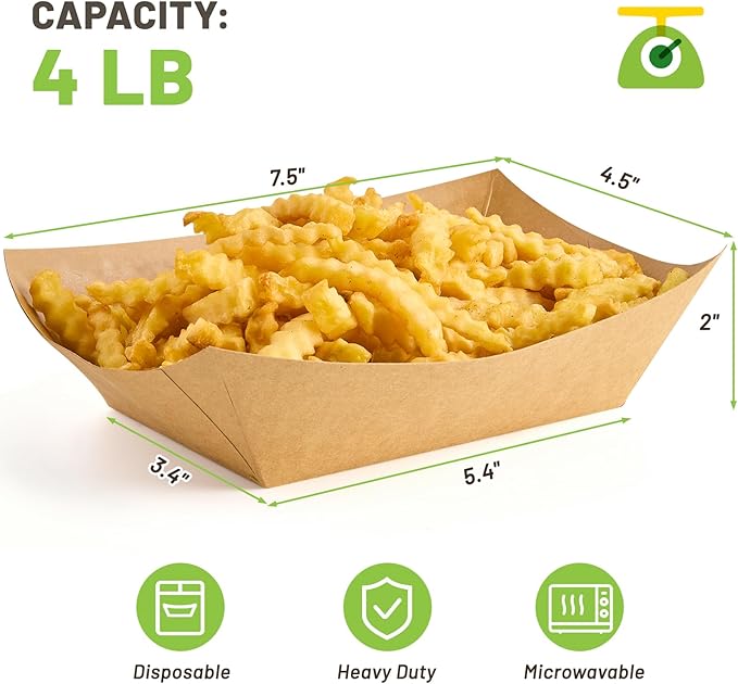 ZORRITA 4 LB Large Paper Food Trays, 50 Pack Disposable Nacho Trays Kraft Paper Food Boats Party Serving Baskets for Nachos Sandwiches Burgers Popcorns Salads Snacks