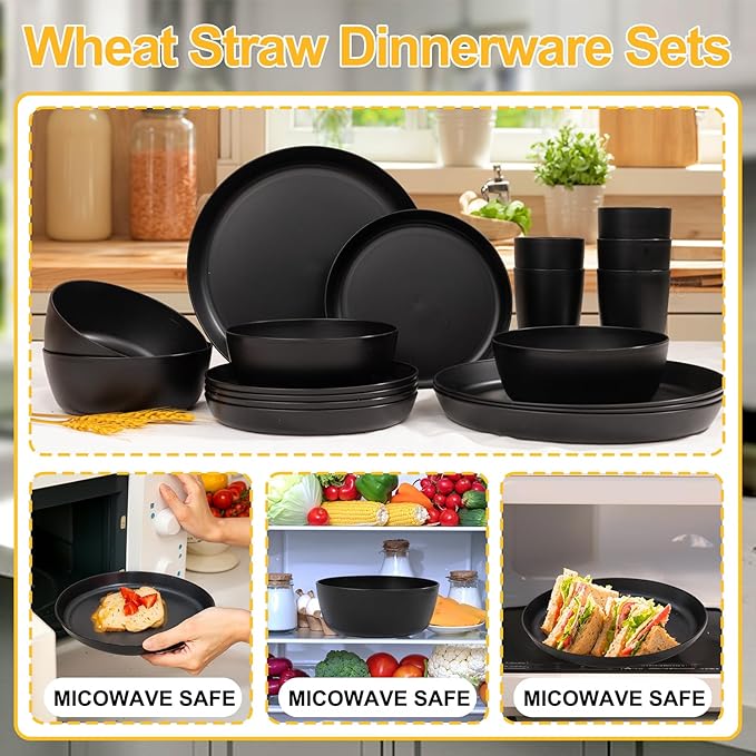 EI 24pcs Black Wheat Straw Plates,Wheat Straw Dinnerware Set,Plates and Bowls Sets,Reuasble Plate,Unbreakable Dinner Plate Heavy Duty Plastic for Picnic Outdoor Activities Dormitory Kitchen