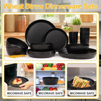 EI 24pcs Black Wheat Straw Plates,Wheat Straw Dinnerware Set,Plates and Bowls Sets,Reuasble Plate,Unbreakable Dinner Plate Heavy Duty Plastic for Picnic Outdoor Activities Dormitory Kitchen