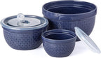 Ceramic Mixing Bowls 3-Piece: Nesting Ceramic Bowls with Lids - Microwave Safe for Kitchen Baking and Serving - Ideal for Home Bakers (Navy)