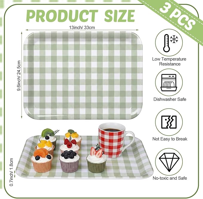 Vesici 3 Pcs Sage Green Gingham Serving Trays 13 x 10 Inch Green and White Checkered Melamine Platters Reusable Rectangular Serving Dishes for Picnic Birthday Baby Shower Party Snacks Fruit Dessert