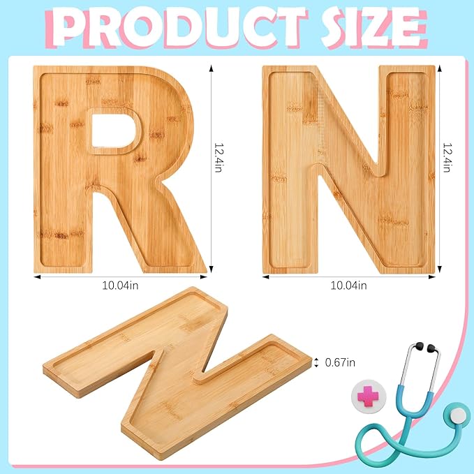 Bucherry 2 Pcs RN Graduation Party Decoration 10'' Nursing Wooden Food Tray RN Letters Charcuterie Board Candy Cake Dessert Wood Serving Platter for Class of 2026 Congrats Grad Table Centerpiece Decor