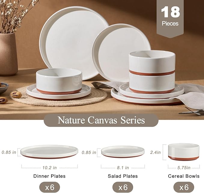 LIANYU Stoneware Dinnerware Sets Service for 6, 18 PCS Plates and Bowls Sets, Handmade Ceramic Dish Set, Highly Chip and Crack Resistant Modern Plate Set, Cloud White