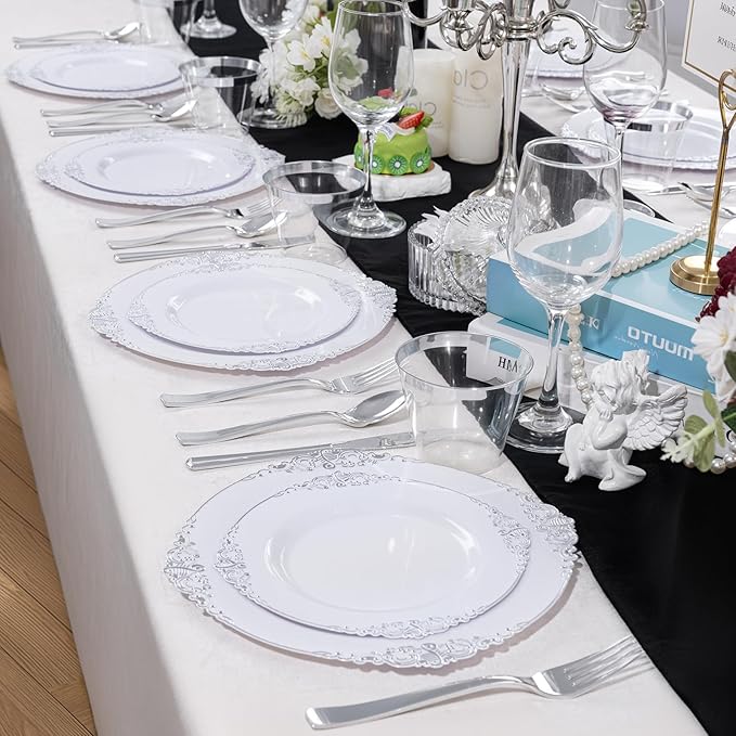 Hioasis 300pcs White and Silver Plastic Plates - Disposable Dinnerware Set Suitable for 50 Guests Include 10.25" Dinner & 7.5" Dessert Plates,Silverware Set, Cups for Weddingr(NO Napkins Included)