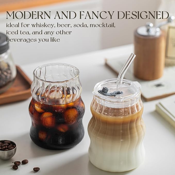 KEMORELA 6PCS Vintage Ribbed Glass Cups – 18oz Wavy Design with Lids & Straws, Clear Bubble Aesthetic for Iced Coffee & Drinks