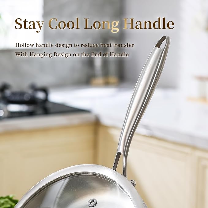DELARLO Tri-Ply Stainless Steel Pan, 18/10 Frying Pan, Oven Safe Up to 600°F, Nontoxic Cookware, Compatible with All Cooktops Skillet, Durable, Fast Even Heat Fry Pan,Steel 10" and 12" with Lid