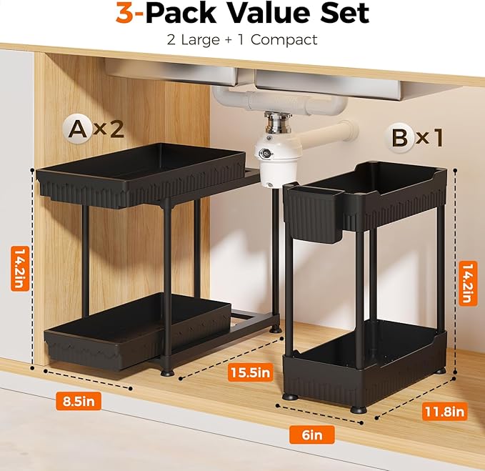 Sevenblue 3 Pack Under Sink Organizer, 2 Tier Slide Out Bathroom Cabinet Organizer, Multi-Purpose Storage Shelf for Kitchen, Black, 14.8Inch