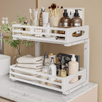 Under Sink Organizer, 2 Tier Under Sink Organizers and Storage, Adjustable Height, Slide out Metal Cabinet Organizers, Pull out Cabinet Storage Drawer Shelf for Kitchen Bathroom (White, 2 Pack)