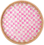 Round Rattan Tray with Mother of Pearl Inlay, Rattan Serving Tray for Coffee, Bread, Fruits, Decorative Wicker Tray for Table Decor, Home Decor, Kitchen Island Decor(Pink Checkerboard, 11.8")