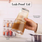 4PCS Ribbed Glass Cups with Lids and Straws, 20oz Vintage Drinking Glasses, Aesthetic Iced Coffee Cups, Glass Tumbler for Boba, Beer, Tea, Cocktails, Ribbed Glassware Set,Clear