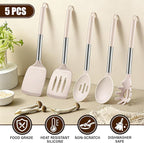 5Pcs Silicone Cooking Utensils Set, Heat Resistant Kitchen Tools Include Solid&Slotted Spatula, Cooking Spoon and Pasta Server, Silicone Kitchen Utensils set for Nonstick Cookware Flipping, Khaki