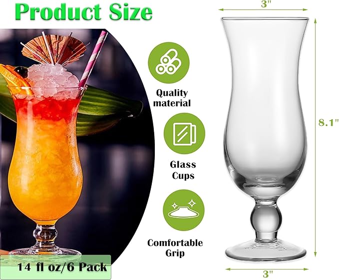 Cheardia 6 Pack Hurricane Glass, 14 oz Pina Colada Glasses Clear Tulip Drinking Cups for Juices, Cocktails, Full-Bodied Beer, Tropical Drinks, Water, Beverages
