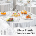 WDF Partyware 350Piece Silver Plastic Dinnerware Set for 50 Guests - Silver Plastic Plates with Cutlery Include:50Dinner Plates-50Dessert Plates-50Pre Rolled Napkins with Silverware Party Wedding