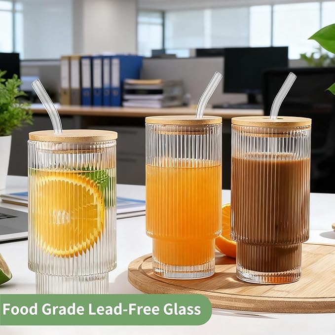 2 Pack Glass Cups with Lids and Straws, 16oz Ribbed Drinking Glasses Tumblers Durable Drinkware Water Glasses Cup Ideal Gift for Home, Kitchen, Office
