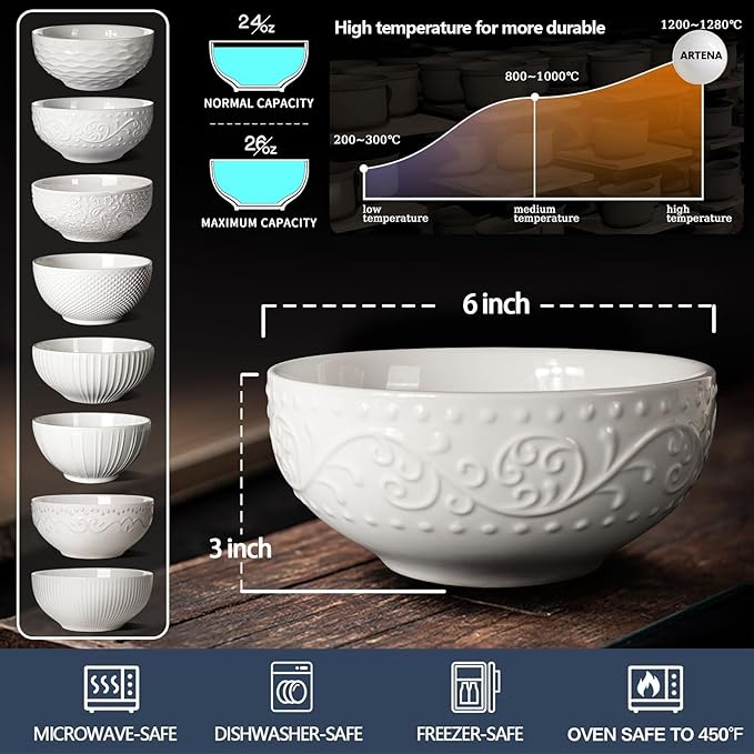 Artena Ceramic Cereal Bowls 26 oz, Embossment Soup Bowls Set of 4, White Salad Bowl for Kitchen, Dinner, Breakfast, Oatmeal, Rice, Pasta, Dishwasher Microwave Safe, 6 inch (Lianas) (Pack of 2)