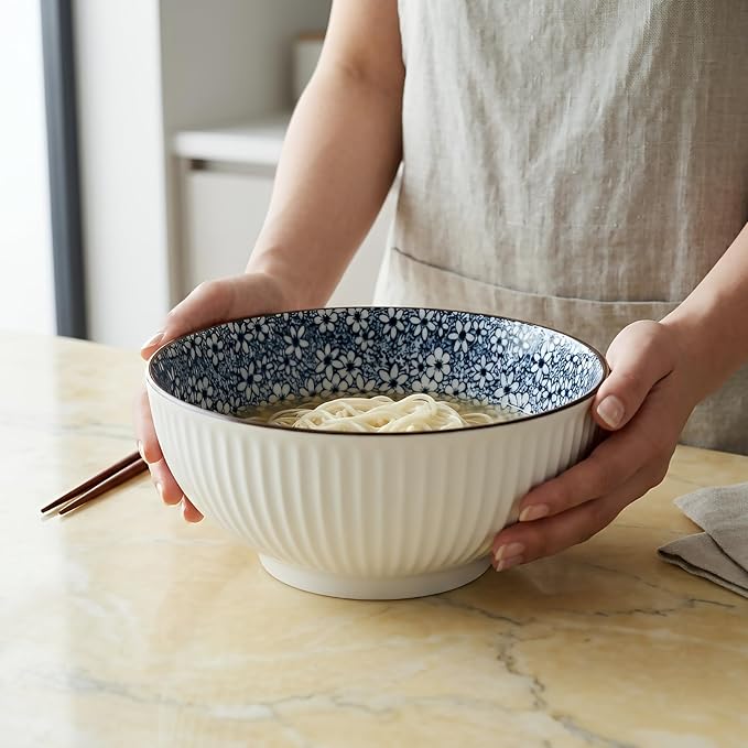 QINLANG Large Soup Bowls, Pho & Ramen Set of 3, 60 oz Blue & White Porcelain - Floral Pattern