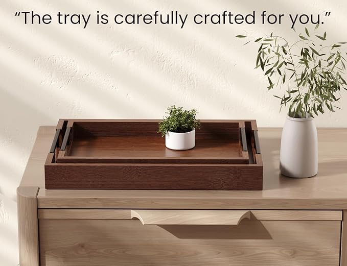 Fibogollo Bamboo Set of 2 Serving Tray with Metal Handles,Ottoman Decorative Trays Platter for Coffee Table,Living Room,Bar,Party(Brown)