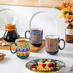 vancasso Boho Coffee Mugs Set of 6, 14 oz Ceramic Mugs with Handle, Colorful Porcelain Cups Microwave Dishwasher Safe, for Latte Tea Cappuccino Cocoa Hot Chocolate
