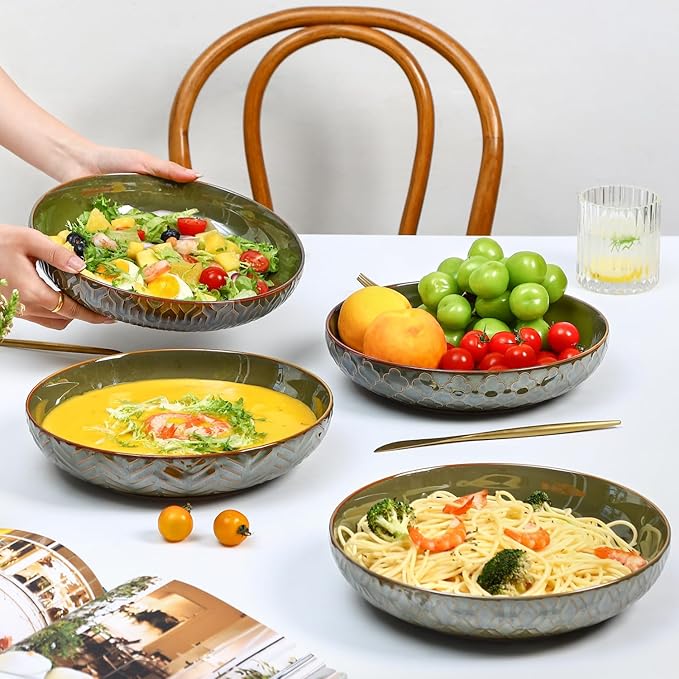 Sureasy Pasta Bowls Set of 4, 30oz Large Ceramic Embossed Bowl Plates, 8.5 Inch Wide and Shallow Plate Bowls, Salad Bowl, Microwave, Oven & Dishwasher Safe, Green