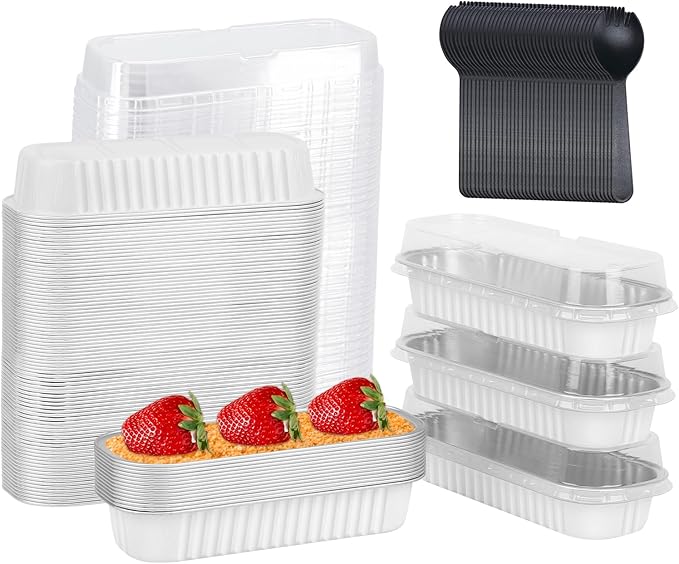 Mini Loaf Pans with Lids 100 Pack,LNYZQUS 6.8oz Mini Cake Pans Rectangle Aluminum Foil Baking Tins Containers,Disposable Small Cake Baking Pan Cupcake Baking Cups Muffin Tins-White