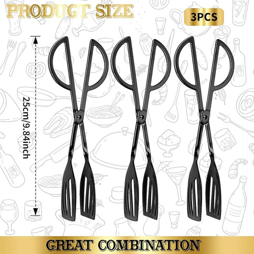 3PCS 9.8-Inch Stainless Steel Salad Tongs for Serving Heavy Duty Serving Tongs for Home Parties, Weddings, Buffets, Barbecues, Kitchen Utensils for Cake, Steak, Salad and More (3, Black)