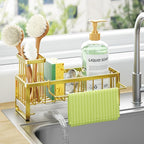 HapiRm Sponge Holder for Kitchen Sink - Self-draining Sink Caddy with Brush Holder and Dishcloth Holder, Stainless Steel Kitchen Organizer for Countertop - Gold