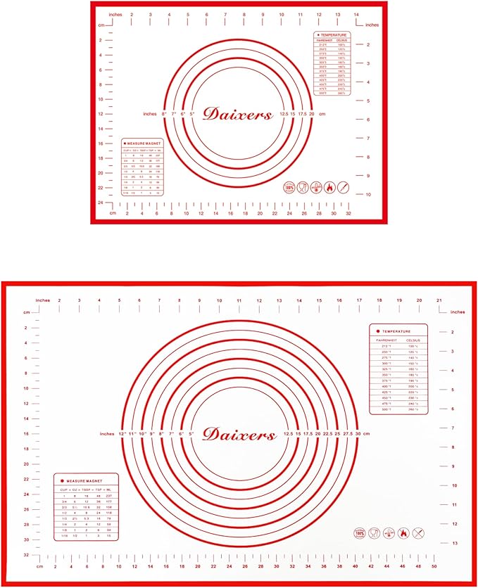Silicone Baking Mats Set of 2,Large 24" x 16" Small 16" x 12" Non Stick Non Skid Pastry-Mat with Measurements (Red)