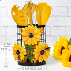 Sunflower Utensil Caddy with Silicone Cooking Utensils Set 6PCS, Canister Holder Sunflower Kitchen Decor and Accessories Theme Set Counter Yellow Kitchen Decor Country Crock Organizer Gifts for Women