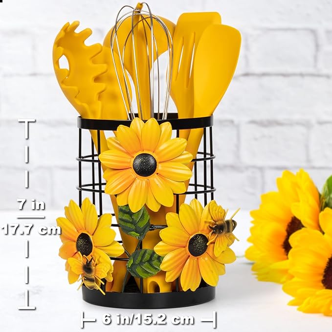 Sunflower Utensil Caddy with Silicone Cooking Utensils Set 6PCS, Canister Holder Sunflower Kitchen Decor and Accessories Theme Set Counter Yellow Kitchen Decor Country Crock Organizer Gifts for Women