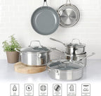 Martha Stewart Delaroux 10 Piece Stainless Steel Pots and Pans Kitchen Cookware Set w/PFAs Free Premium Nonstick Ceramic Interior