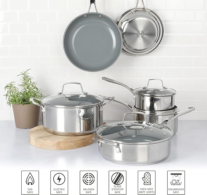 Martha Stewart Delaroux 10 Piece Stainless Steel Pots and Pans Kitchen Cookware Set w/PFAs Free Premium Nonstick Ceramic Interior