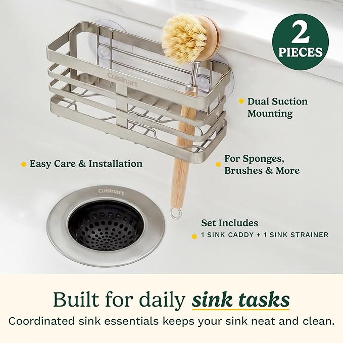 Cuisinart 2 Piece Sink Set – Sink Drain Strainer with Stainless Steel Rim & Silicone Mesh Base & Sponge Holder for Kitchen Sink, Metal Caddy with Triple Suction Cups, Daily Kitchen Essentials