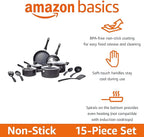 Amazon Basics Ceramic Non-Stick Cookware 15-Piece Set, Pots, Pans and Utensils, Black