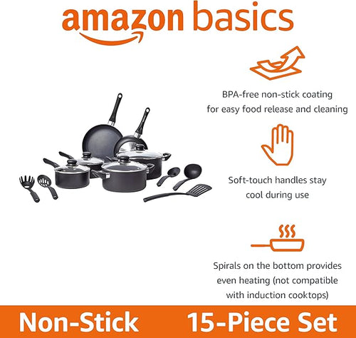 Amazon Basics Ceramic Non-Stick Cookware 15-Piece Set, Pots, Pans and Utensils, Black