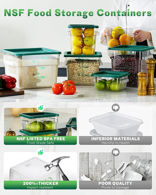 2QT4QT NSF Food Storage Containers: 6PCS [Food Grade][Hot&Cold Resistant] Commercial Clear Food Storage Containers with Lids for Restaurant Kitchen Proof Dough, Measuring Spoons Included(GREEN)