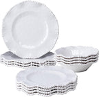 Cream 12pcs Beaded 100% Melamine Dinnerware Set, Elegant Scalloped Edge Durable & Shatterproof Outdoor Dining Set,Unbreakable Plates & Bowls Set for Indoor/Outdoor Use, Dishwasher Safe