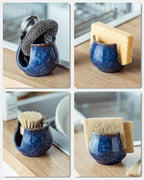 Zoeeker Ceramic Sponge Holder, Kitchen Sink Scrubby Caddy Organizer Dish Sponge Dish Rack for Scrubbers, Bathroom, Sink, Blue