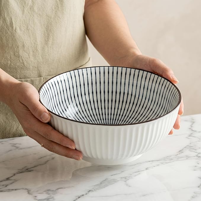QINLANG 60 oz Large Soup Bowl, Pho Bowls, Japanese Ramen Bowls Set of 3, 8 in Blue and White Porcelain Big Bowls for Eating - 3 Mixing Patterns