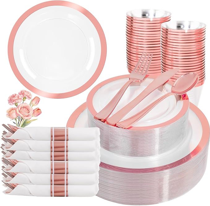Liacere 350PCS Rose Gold Plastic Plates - Clear with Rose Gold Rim for 50Guests Dinnerware - Include 100 Plates disposable 150 PCS Silverware 50 Napkins for Party & Mothers Day & Graduation