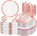 Liacere 350PCS Rose Gold Plastic Plates - Clear with Rose Gold Rim for 50Guests Dinnerware - Include 100 Plates disposable 150 PCS Silverware 50 Napkins for Party & Mothers Day & Graduation