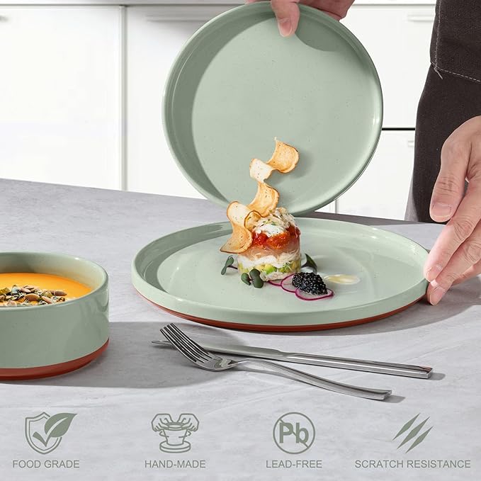 LIANYU 12 Piece Dinnerware Sets for 4, Modern Style Stoneware Dinnerware Set, Scratch Resistant, Dishwasher Safe Bowl and Plate Sets, Ceramic Dish Dinner Set, Laurel Green