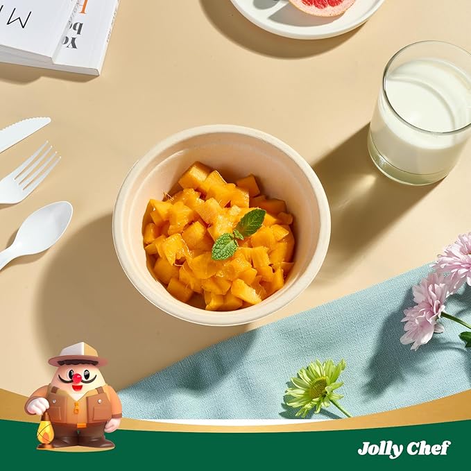 JOLLY CHEF Compostable Disposable Paper Bowls [16 oz] Heavy Duty Soup Uncoated Containers [150 Pack] Biodegradable Bagasse Hot Cold Eco-Friendly Natural Sugarcane Microwavable for Dessert Christmas