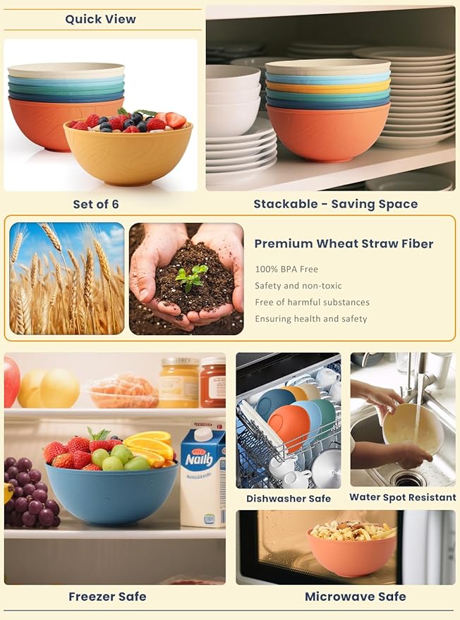 Homienly Wheat Straw Bowls Cereal Bowls 40 OZ Unbreakable Thick Soup Bowls Alternative Plastic Cereal Bowls for Kitchen, RV, Camping Microwave and Dishwasher Safe Bowl Set Reusable (Multi, 6 PCS)
