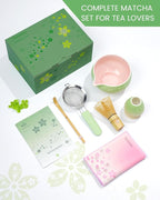 Matcha Whisk Set, 6pcs Matcha Set Includes Matcha Bowl, Bamboo Whisk & Scoop with Cute Charm, Chasen Holder, Innovative Sifter, Tea Mat for Japanese Tea Ceremony, Pale Green