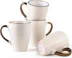 Ceramic Coffee Mug Set - 16 Oz Large Coffee Mugs - Embossed Stoneware Cups with Handle for Latte Tea Cappuccino Cocoa - Microwave Dishwasher Safe - Set of 4 - White