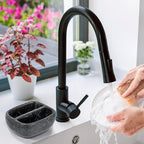MyGift Modern Black Resin Double Sponge Holder with Realistic Marble Pattern for Kitchen Sink Countertop, Dish Cleaning Sponges or Scrubbing Pads Bowl with 2 Compartments