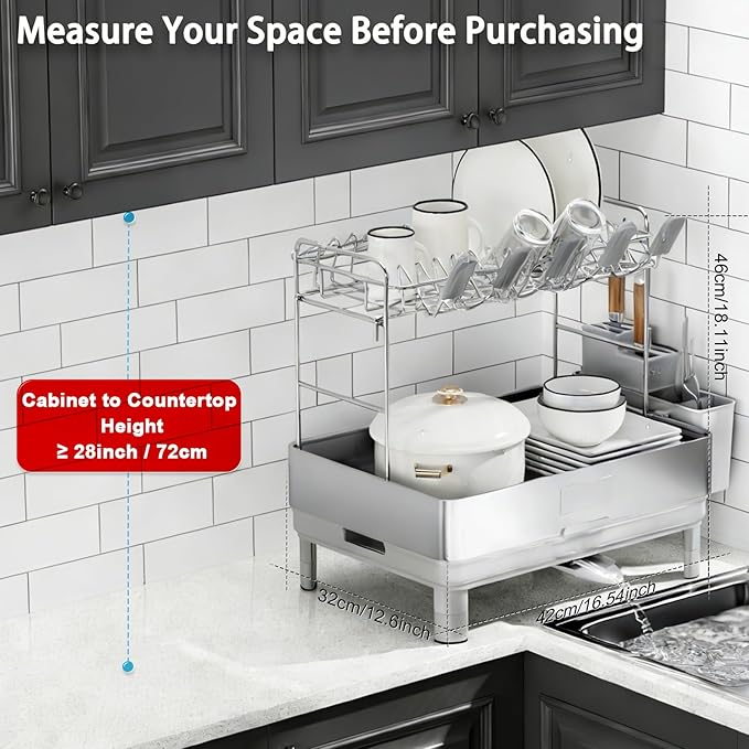 Ewaiira Dish Drying Rack, 2 Tier Large Dish Rack, Stainless Steel Dish Drainer for Kitchen Counter, Dishes Rack with Automatic Drainage, Utensil Holder&Cups Holder,Space Saving Kitchen Organizer,Gray