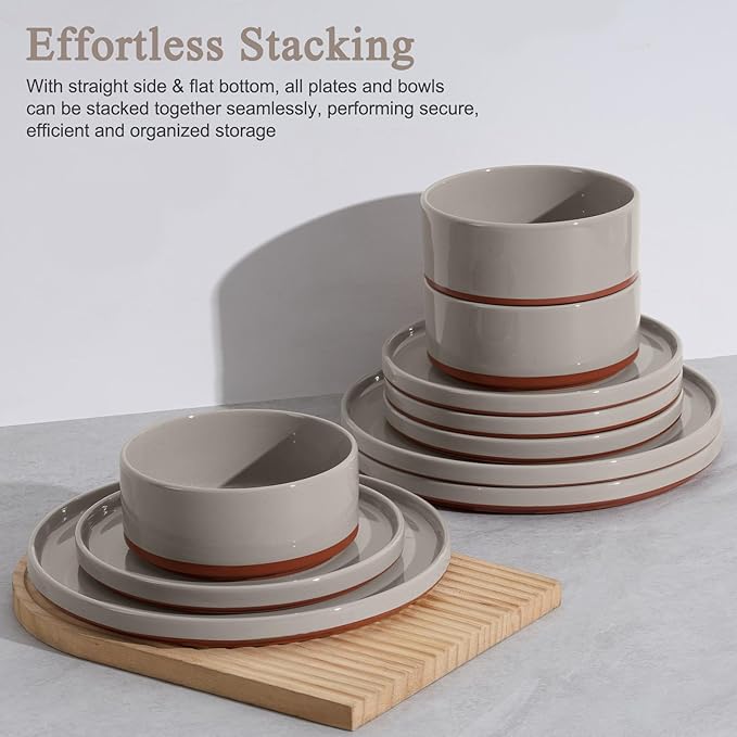 LIANYU Stoneware Dinnerware Sets Service for 4, 12 PCS Plates and Bowls Sets, Handmade Ceramic Dish Set, Highly Chip and Crack Resistant Modern Plate Set, Terra Brown